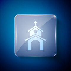 White Church building icon isolated on blue background. Christian Church. Religion of church. Square glass panels. Vector.