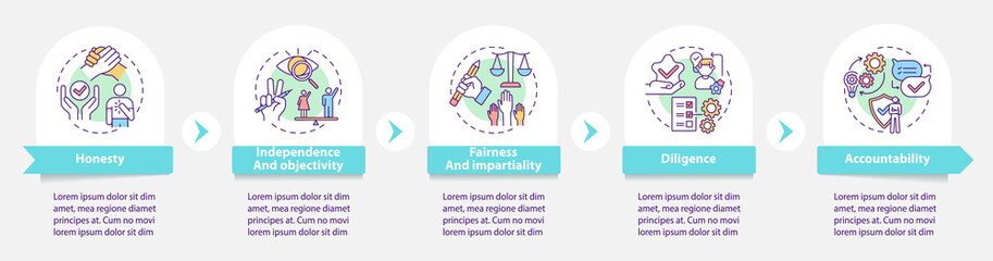 Media ethics vector infographic template. Objectivity, accountability presentation design elements. Data visualization with 5 steps. Process timeline chart. Workflow layout with linear icons