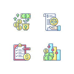Accounting RGB color icons set. Increasing cash assets of your business. Mananging bank account of company. Cash flow view. Isolated vector illustrations