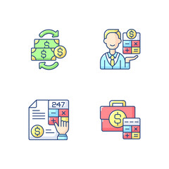 Accounting RGB color icons set. Person who is recording and viewing all company financial transactions and money flow. Isolated vector illustrations