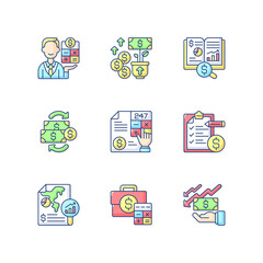 Accounting RGB color icons set. Company and business financial transactions management during specific period of time. Isolated vector illustrations