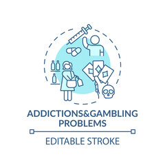 Fototapeta na wymiar Addictions and gambling problems turquoise concept icon. Addict behavior. Cause of parental neglect idea thin line illustration. Vector isolated outline RGB color drawing. Editable stroke
