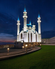 Fototapeta na wymiar Illuminated night photo of the Kul Sharif Mosque in the Kazan Kremlin without people. Space for decoration, postcard look.