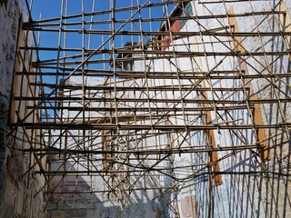 マカオの建築現場の竹製の足場