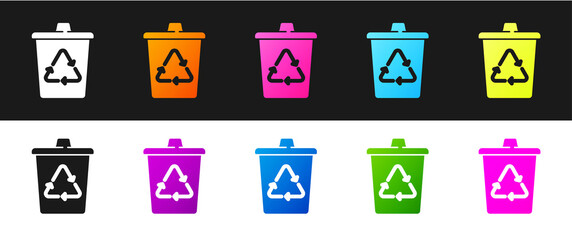 Set Recycle bin with recycle symbol icon isolated on black and white background. Trash can icon. Garbage bin sign. Recycle basket sign. Vector.