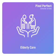 Elderly people care. Nursing home thin line icon. Geriatric medicine. Pixel perfect, editable stroke. Vector illustration.
