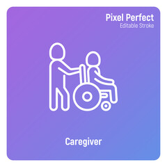 Caregiver with elderly person in wheelchair. Thin line icon. Assisted living in nurse house. Geriatric medicine. Pixel perfect, editable stroke. Vector illustration.