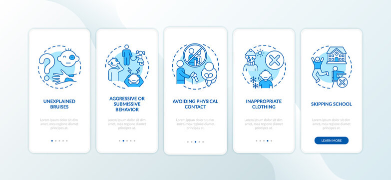 Signs of child abuse and neglect blue onboarding mobile app page screen with concepts. Kids harassment walkthrough 5 steps graphic instructions. UI vector template with RGB color illustrations