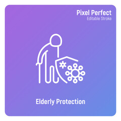 Elderly man protection by shield from coronavirus. Nursing home trust. Thin line icon. Pixel perfect, editable stroke. Vector illustration.