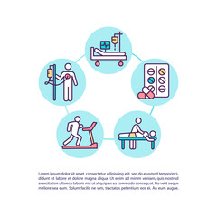 Treatment and rehabilitation concept icon with text. Getting back and improving physical abilities. PPT page vector template. Brochure, magazine, booklet design element with linear illustrations