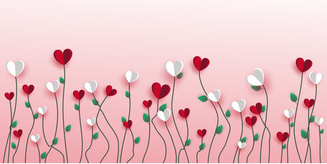 Plakat background with tulips. valentines day card with hearts on the pink sky. 