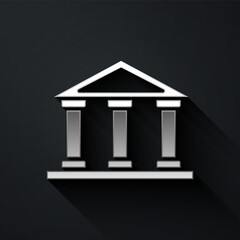 Silver Courthouse building icon isolated on black background. Building bank or museum. Long shadow style. Vector.