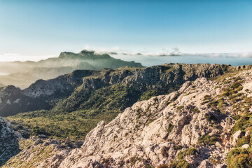 Mountain scenery of the "Serra de Tramuntana" on the island of Majorca in Spain. Summit of "Puig Major" seen from the “Massanella mountain”.