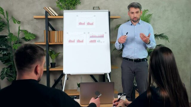 Angry bearded businessman owner CEO scolds offline online top managers company for low unprofitable annual financial performance. Man and woman sitting on chair at table listen investor reprimand