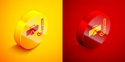 Isometric Diving mask and snorkel icon isolated on orange and red background. Extreme sport. Diving underwater equipment. Circle button. Vector.
