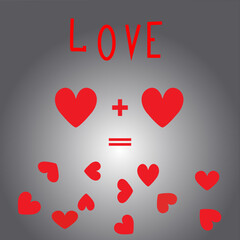 Festive background backdrop. Hearts on a gray background with the word love. Valentine's Day. Layout. Minimalistic design template for postcard, poster, banner, cover, packaging