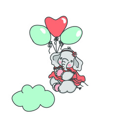 Cute baby elephant floating with balloons, vector illustration.