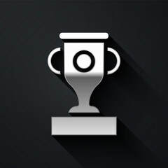 Silver Award cup icon isolated on black background. Winner trophy symbol. Championship or competition trophy. Sports achievement sign. Long shadow style. Vector.