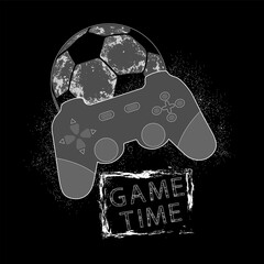 Modern t-shirt design for guys. Game joystick, ball and text game time.