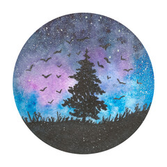 Watercolor illustration.Starry sky, birds flying around the tree