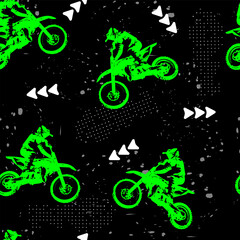 Abstract sport seamless pattern. Green motocross,  arrows and grunge texture.
