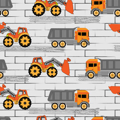 Seamless pattern with big cars. Orange tractor and machine on gray bricks. © Vitalii_ART