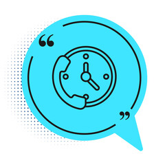 Black line Telephone 24 hours support icon isolated on white background. All-day customer support call-center. Full time call services. Blue speech bubble symbol. Vector Illustration.