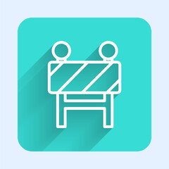 White line Road barrier icon isolated with long shadow. Symbol of restricted area which are in under construction processes. Repair works. Green square button. Vector Illustration.