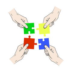 Four hands putting together a blue, green, red and yellow puzzle.