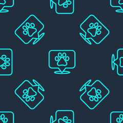 Green line Map pointer with veterinary medicine hospital, clinic or pet shop for animals icon isolated seamless pattern on blue background. Vet or veterinarian clinic. Vector.