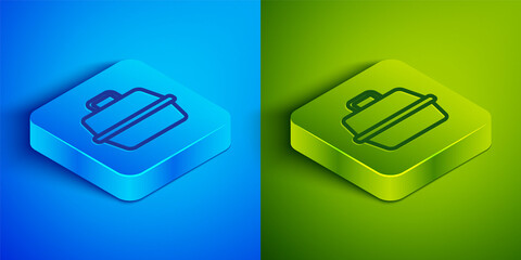 Isometric line Pet carry case icon isolated on blue and green background. Carrier for animals, dog and cat. Container for animals. Animal transport box. Square button. Vector.