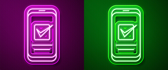 Glowing neon line Smartphone, mobile phone icon isolated on purple and green background. Vector.