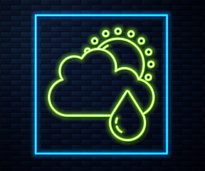 Glowing neon line Cloud with rain and sun icon isolated on brick wall background. Rain cloud precipitation with rain drops. Vector.