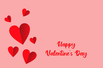 happy valentines day greeting card, red heart paper art on pink background