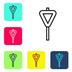 Black line Road traffic sign. Signpost icon isolated on white background. Pointer symbol. Street information sign. Direction sign. Set icons in color square buttons. Vector.