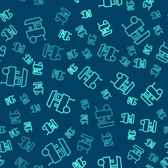 Green line Fast street food cart icon isolated seamless pattern on blue background. Urban kiosk. Vector.