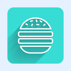 White line Burger icon isolated with long shadow. Hamburger icon. Cheeseburger sandwich sign. Fast food menu. Green square button. Vector.