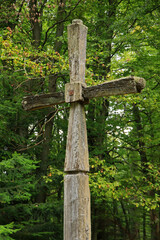 Wooden orthodox cross  in Jawornik former and abandoned village in Low Beskids, Poland