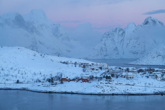 Winter twilight over mountains of Reinefjord from Topp&radic;&prod;y, Moskenes&radic;&prod;y, Lofoten Islands, Norway