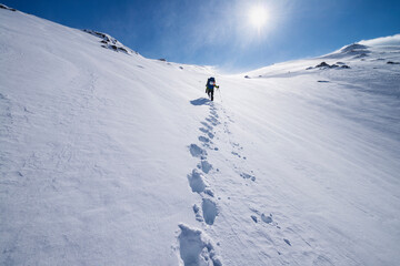 Female hiker aproaching summit of Mengensdalstind in deep snow and high wind, Moskenes√∏y, Lofoten Islands, Norway