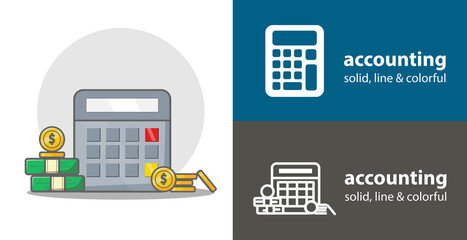 Calculator with money. accounting isolated vector flat icon. business money line solid design element