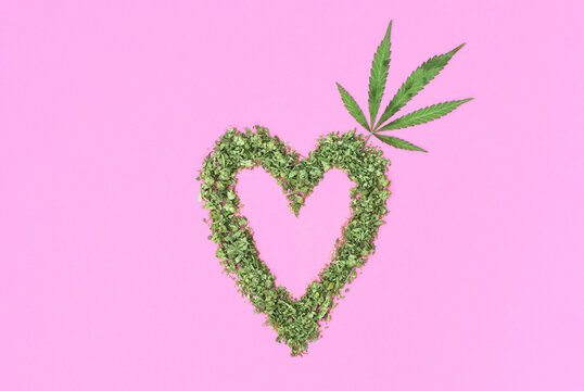 Heart made with cannabis and marijuana leaf on pink background.