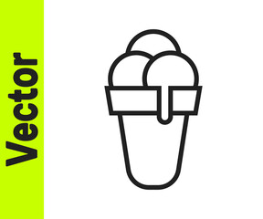 Black line Ice cream in waffle cone icon isolated on white background. Sweet symbol. Vector.