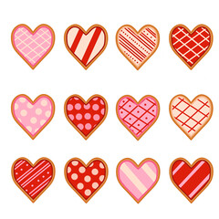 Homemade cookies for Valentine's day. Set of illustrations of biscuit hearts isolation on white background. Vector illustration. Design element for poster label sign emblem menu