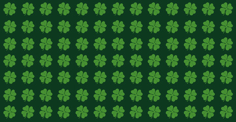 four leaf clover seamless pattern.  Green background. Hand drawing. Happy St. Patrick 