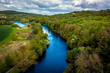 A view from the Conisbrough Viaduct over the Don River, Yorkshire, UK in springtime