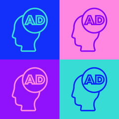 Pop art line Advertising icon isolated on color background. Concept of marketing and promotion process. Responsive ads. Social media advertising. Vector.