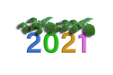 2021 happy new year with tree on white background  