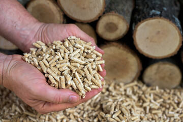 Man's hands full of wood pellets - renewable energy