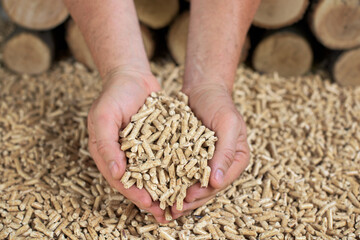Man's hands full of wood pellets - renewable energy